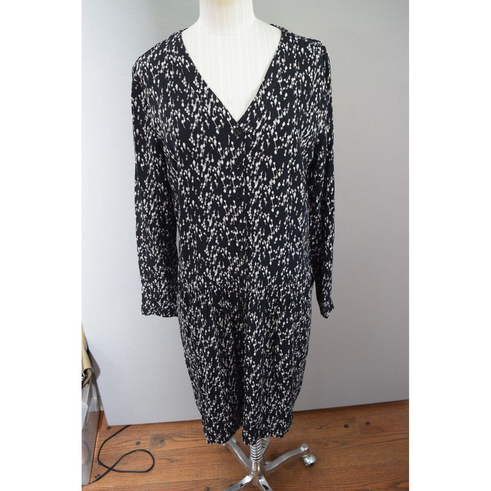 Garnet Hill Dropwaist Button Dress 6 Black White Print Long Sleeve V Neck